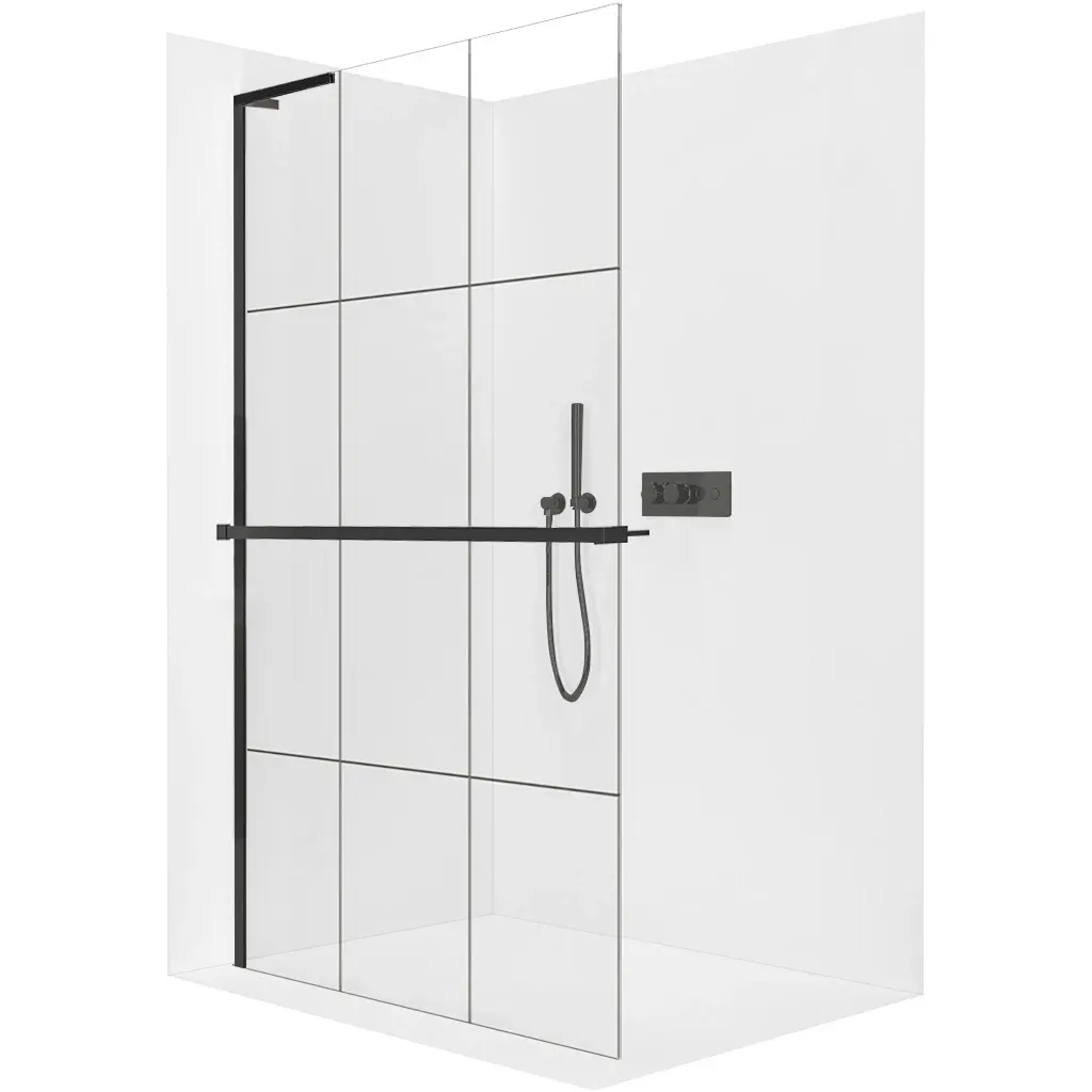 CERANO Sprchová zástěna Walk-in Onyx L-levá vzpěra 8 mm + polička/držák na ručníky černá matná, industriální sklo 110x200 CER-8050BD1355