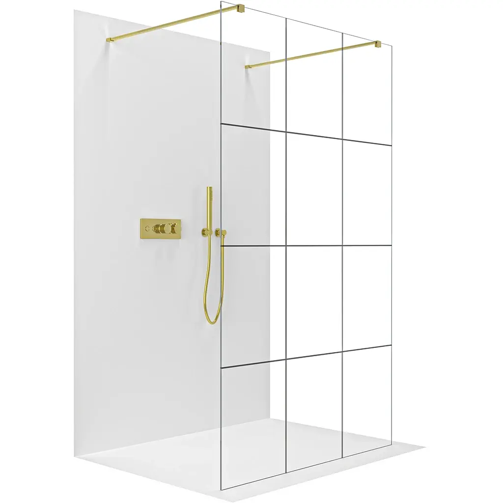 Sprchová zástěna Walk-in Onyx Duo L/P - 8 mm - hranatá vzpěra  - zlatá, industriální sklo - 150x200 cm