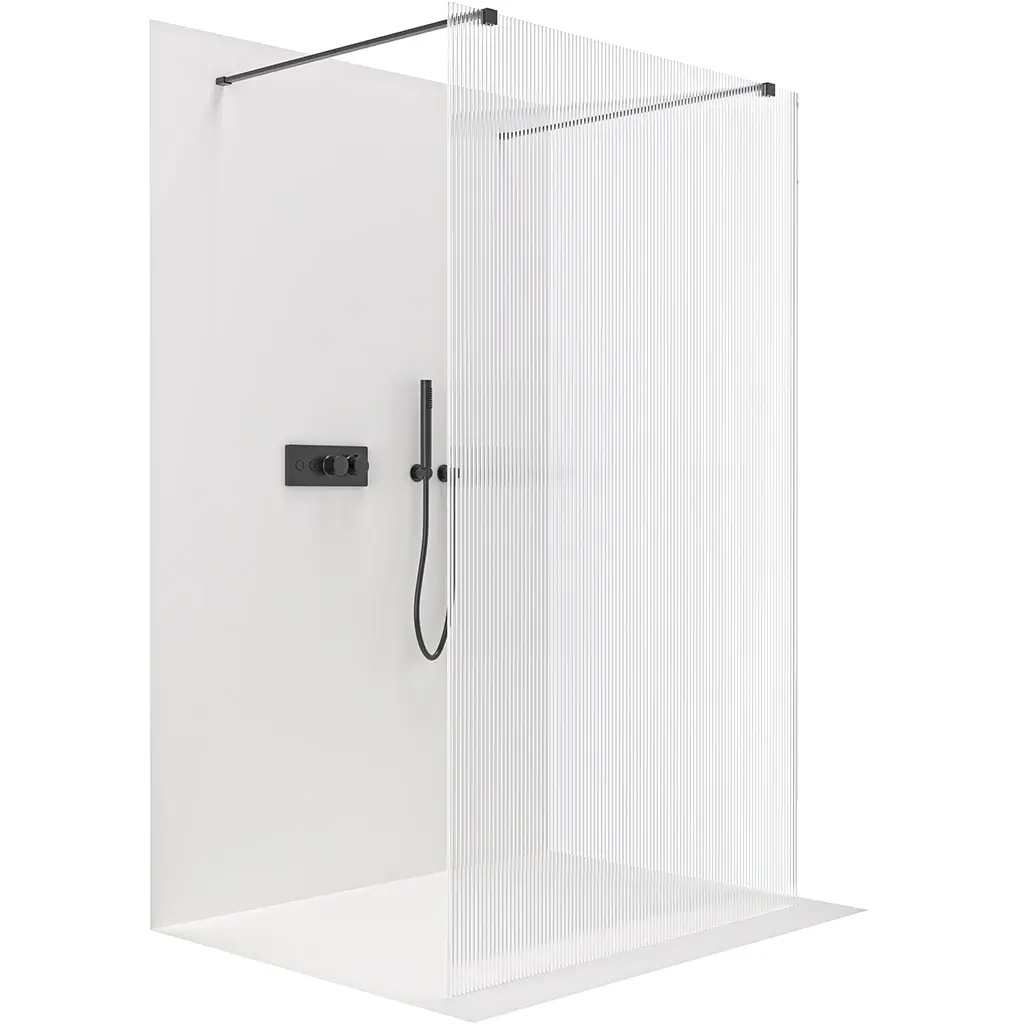 Sprchová zástěna Walk-in Onyx Duo L/P - 8 mm - hranatá vzpěra - černá matná, rýhované sklo - 150x200 cm