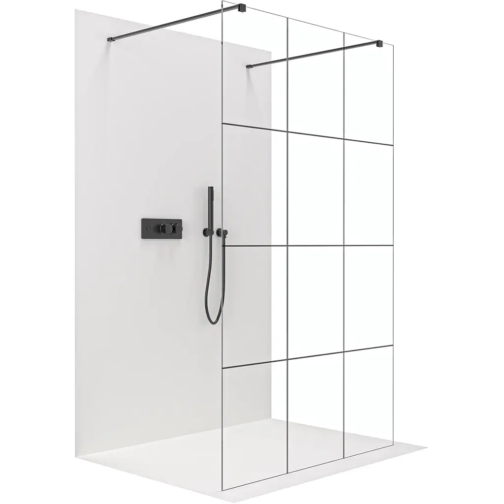Sprchová zástěna Walk-in Onyx Duo L/P - 8 mm - hranatá vzpěra  - černá matná, industriální sklo - 150x200 cm