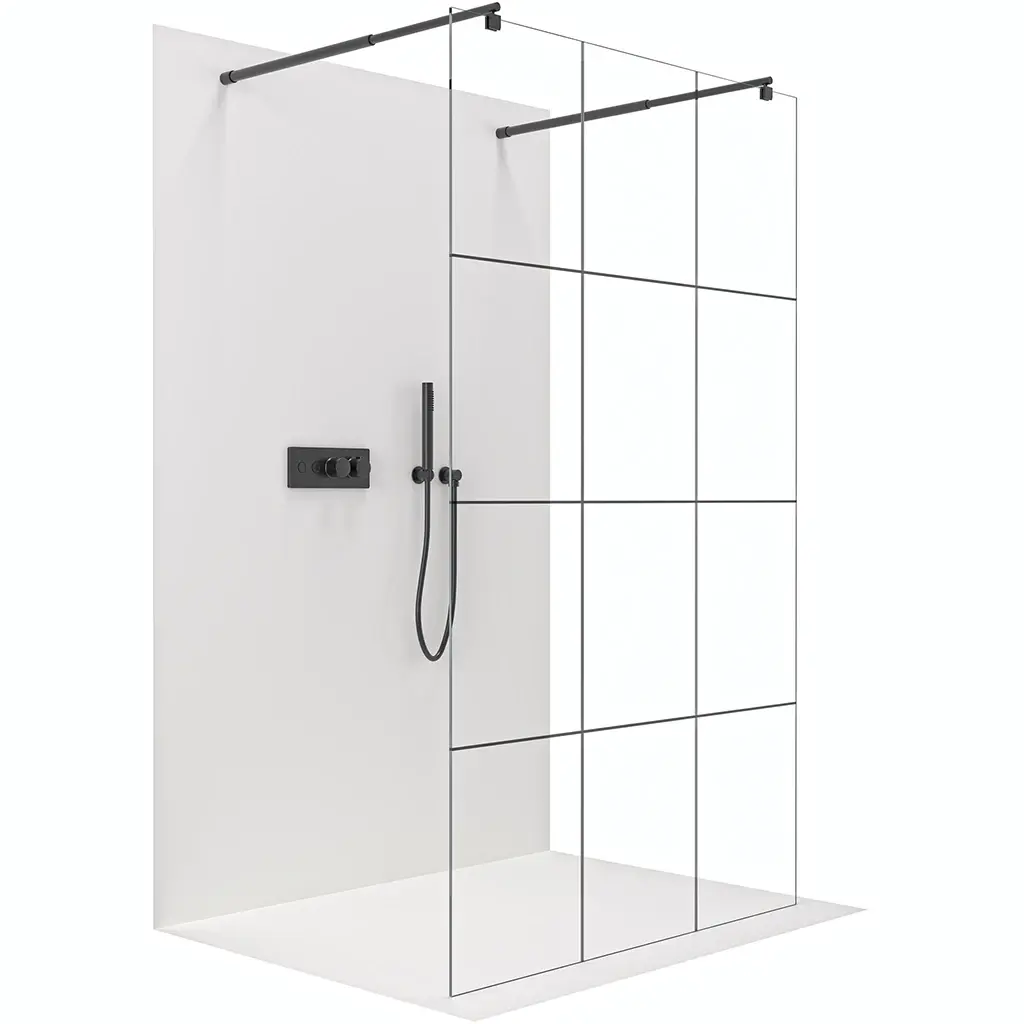 CERANO Sprchová zástěna Walk-in Onyx Duo L/P 8 mm kulatá vzpěra černá matná, industriální sklo 90x200 CER-8050BD2156
