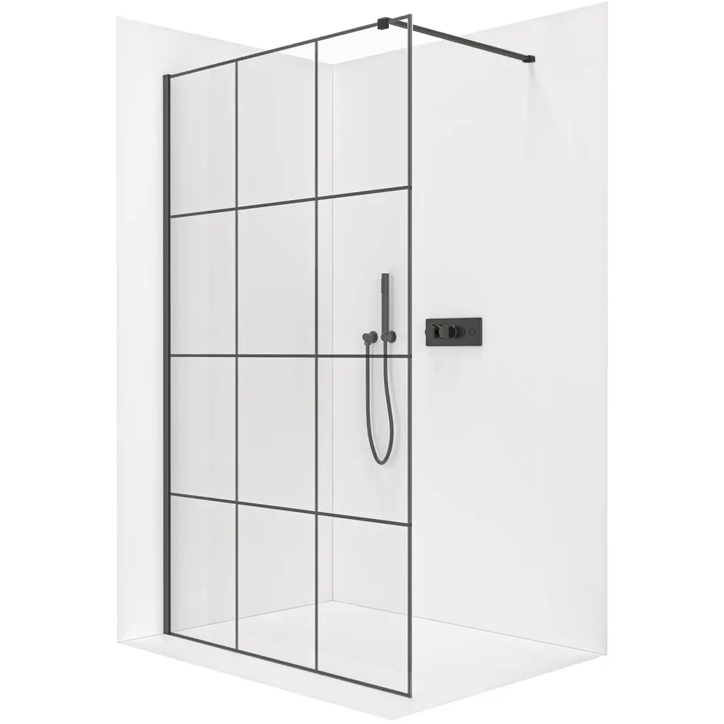 Sprchová zástěna Walk-in Onyx Cube L/P - 8 mm - hranatá vzpěra - černá matná, industriální sklo - 90x200 cm