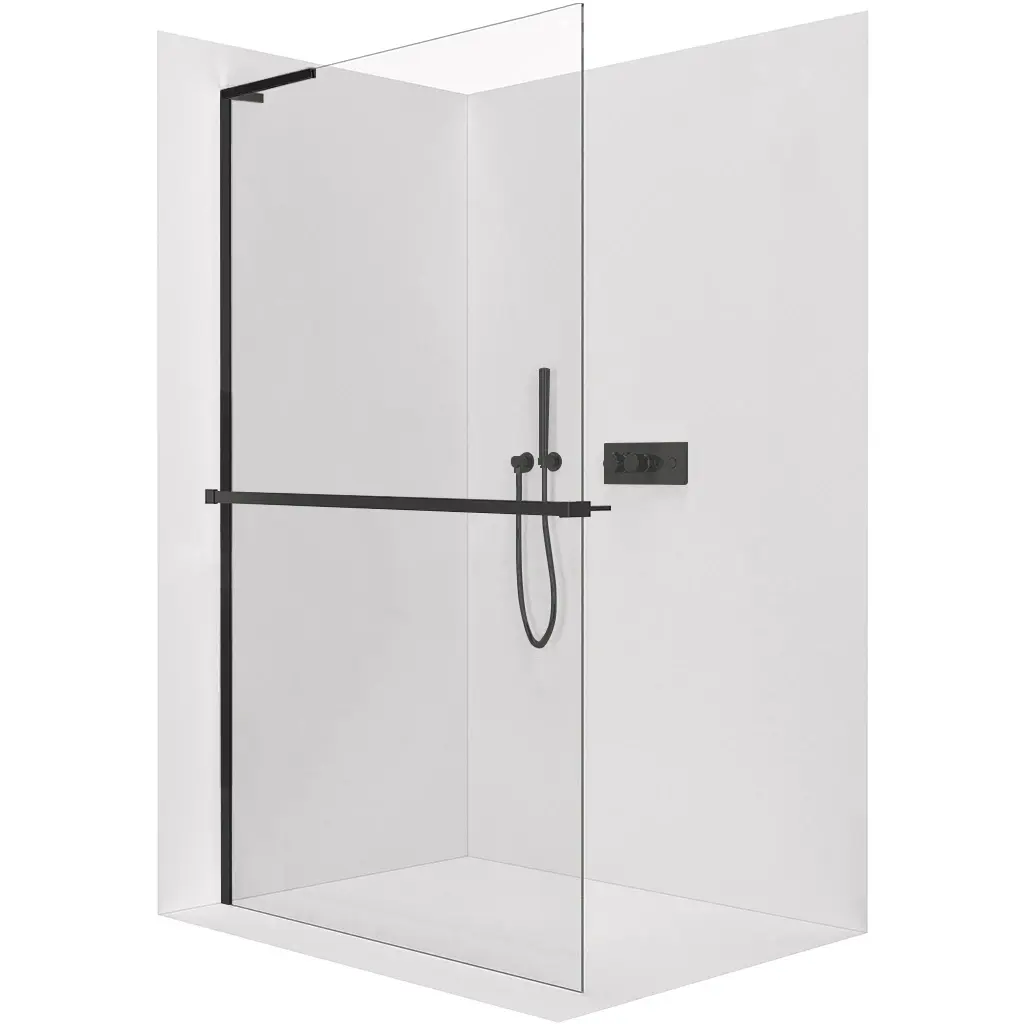 CERANO Sprchová zástěna Walk-in Onyx L-levá vzpěra 10 mm + polička/držák na ručníky černá matná, transparentní sklo 130x200 CER-8050BD73734