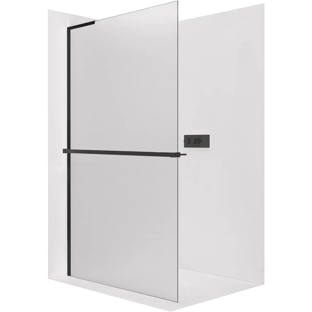 Sprchová zástěna Walk-in Onyx L-levá vzpěra + polička/držák na ručníky - 8 mm - černá matná, mléčné sklo - 30x200 cm
