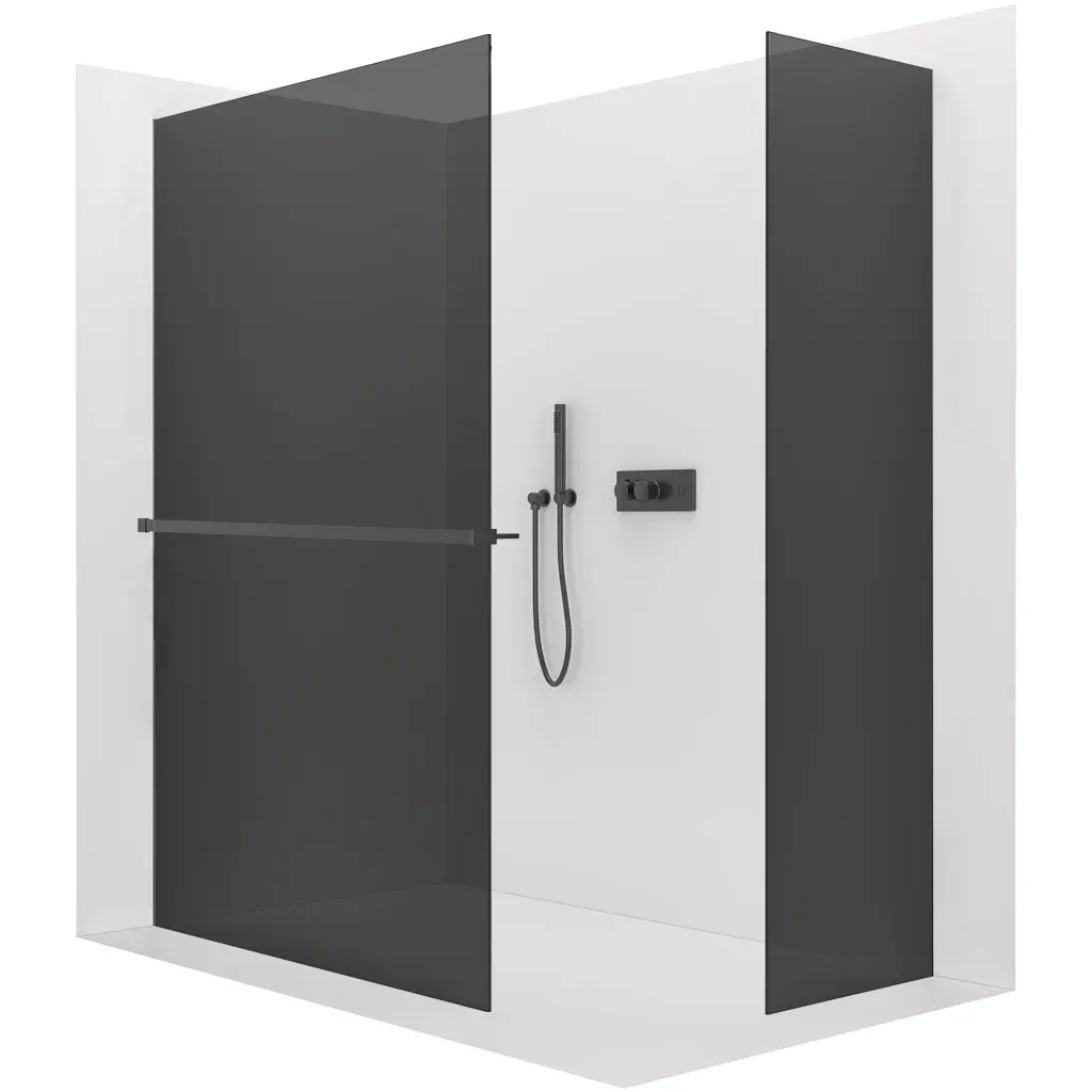 CERANO Sprchová zástěna Walk-in Crystal T L/P 10 mm bezvzpěrový systém + polička/držák na ručníky černá matná, grafitové sklo 150x90x200  CER-8050BD81803
