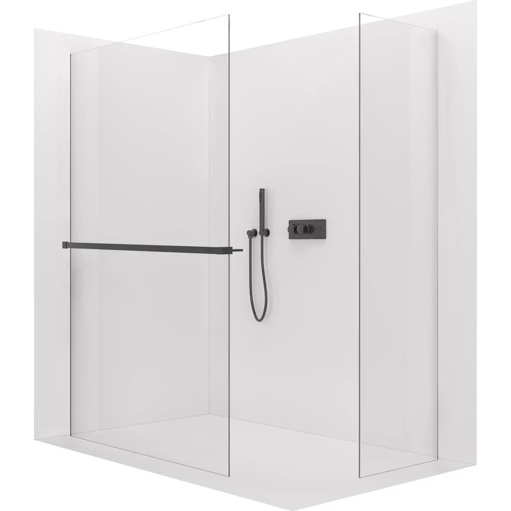 CERANO Sprchová zástěna Walk-in Crystal T L/P 10 mm bezvzpěrový systém + polička/držák na ručníky černá matná, transparentní sklo- 150x130x200  CER-8050BD81877