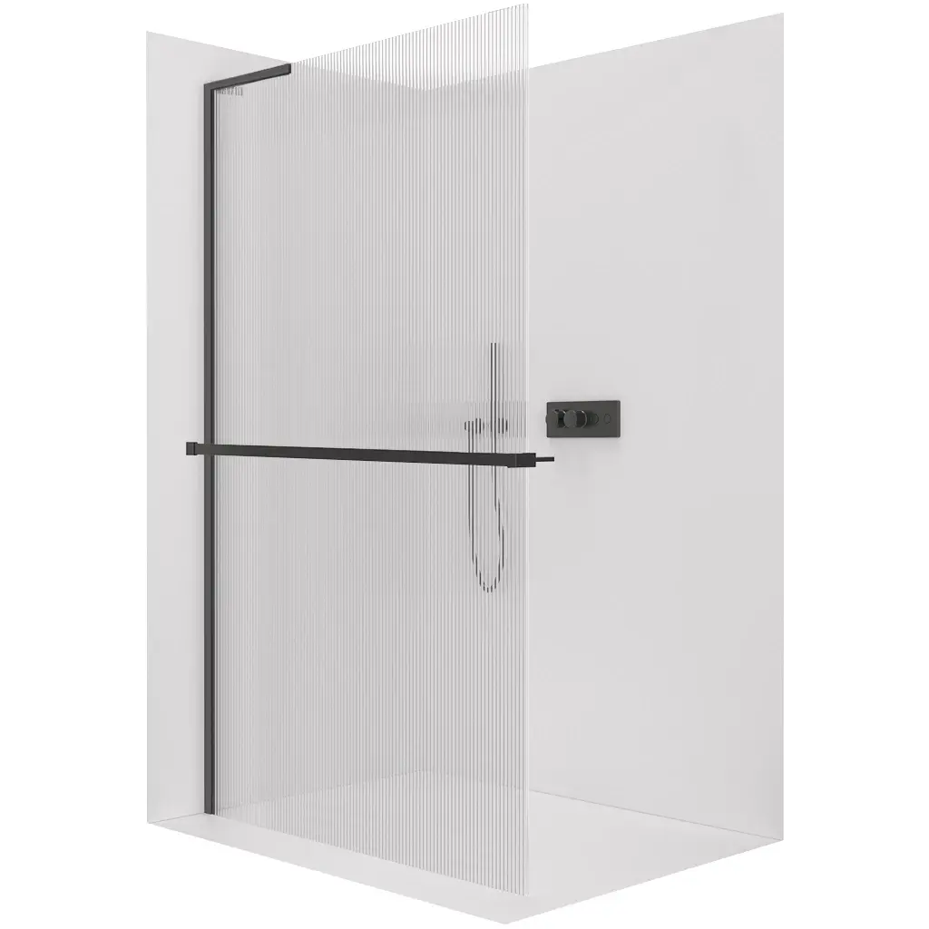 CERANO Sprchová zástěna Walk-in Onyx L-levá vzpěra 8 mm + polička/držák na ručníky černá matná, rýhované sklo 90x200  CER-8050BD839