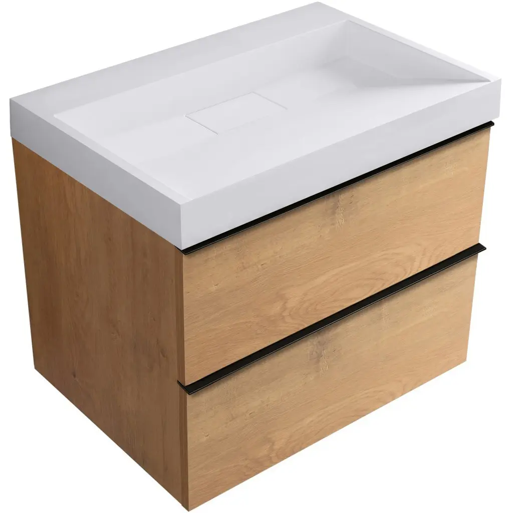 CERANO Koupelnová skříňka Velora dub medový, úchytka černá + umyvadlo z lit. mramoru Vita bílá matná 70x63x46,5 CER-8050BD84042