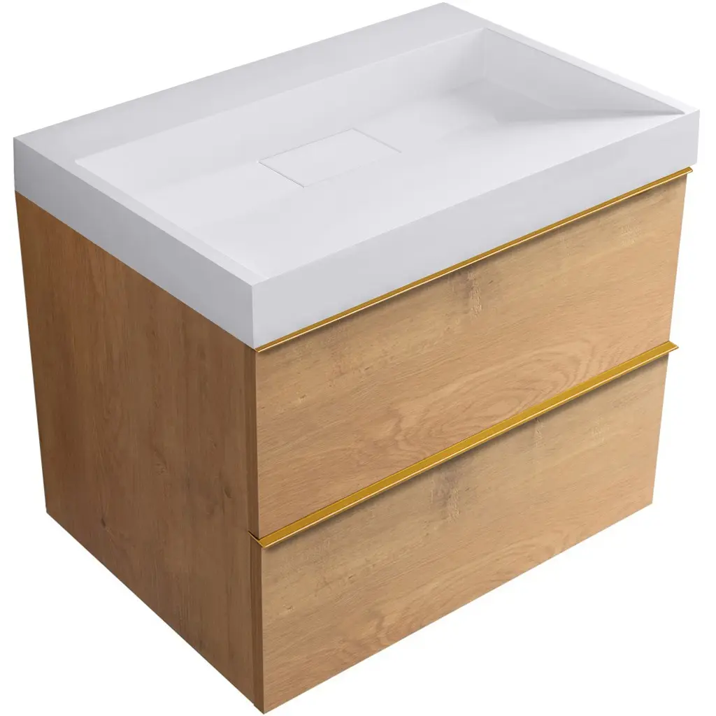 CERANO Koupelnová skříňka Velora dub medový, úchytka zlatá + umyvadlo z lit. mramoru Vita bílá matná 70x63x46,5 CER-8050BD84060