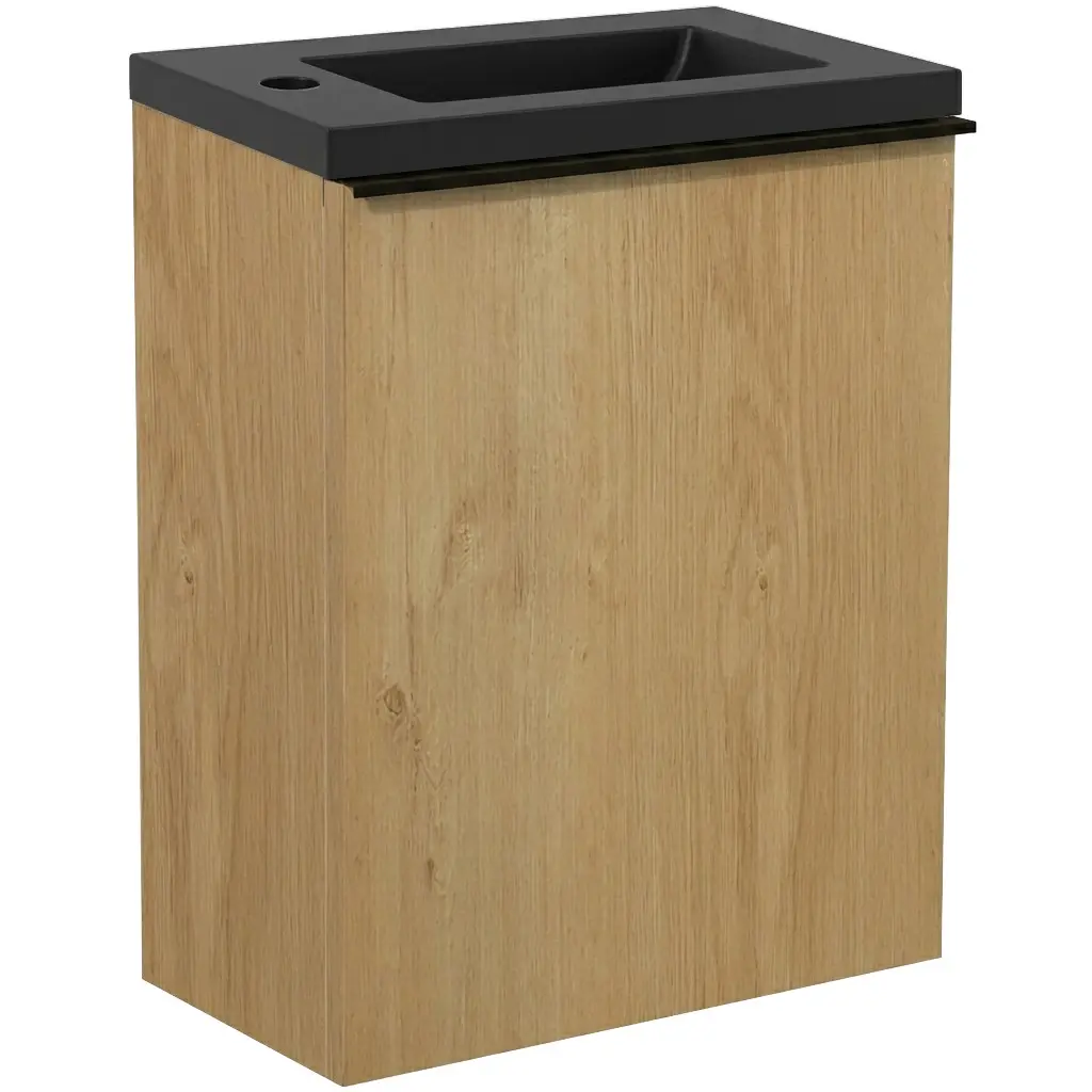 Umyvadlová skříňka pro WC Zola - dub medový + umyvadlo z lit. mramoru - černá matná - 40x55x23,5 cm