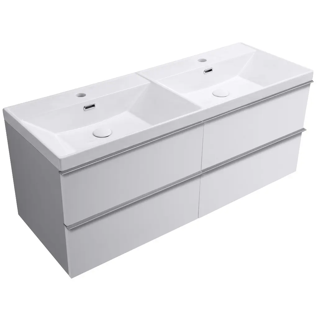 CERANO Koupelnová skříňka Velora bílá matná, úchytka chrom + keramické dvojumyvadlo Viano bílá lesklá 121,5x58x46,5 CER-381640