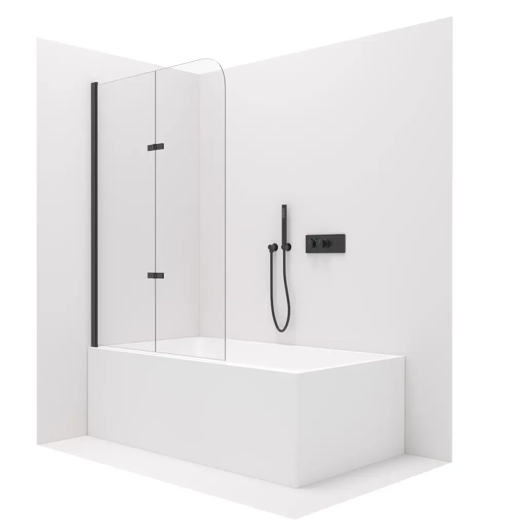 CERANO Vanová zástěna dvoudílná Vasca černá matná, transparentní sklo 120x140  otočná/zalamovací CER-413507