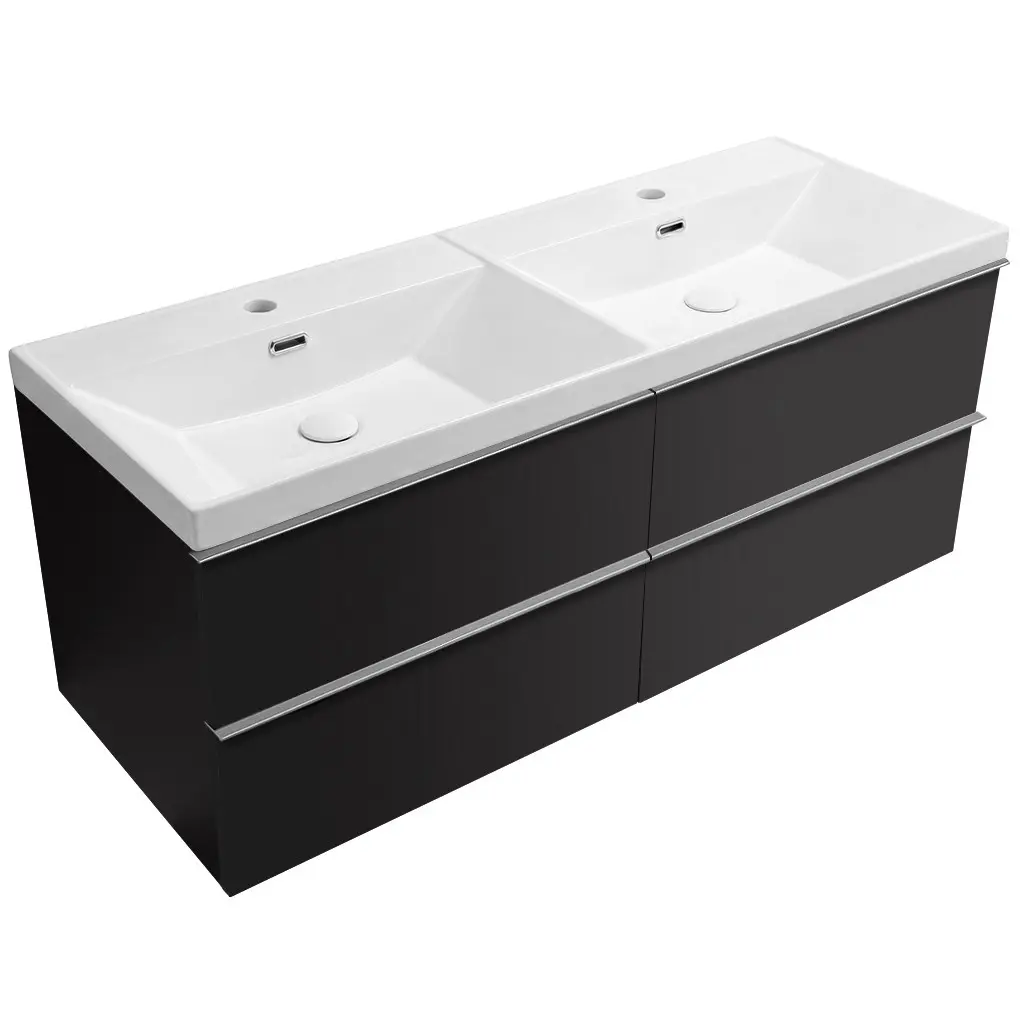 CERANO Koupelnová skříňka Velora černá matná, úchytka chrom + keramické dvojumyvadlo Viano bílá lesklá 121,5x58x46,5 CER-541557
