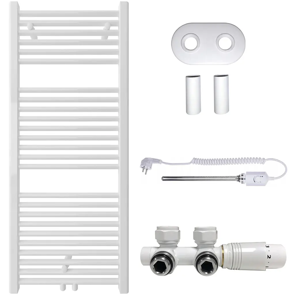 Koupelnový radiátorový set Lincoln - kombinované vytápění, termo tyč - středové připojení 50 mm - 300W - bílá lesklá - 1200x500 mm