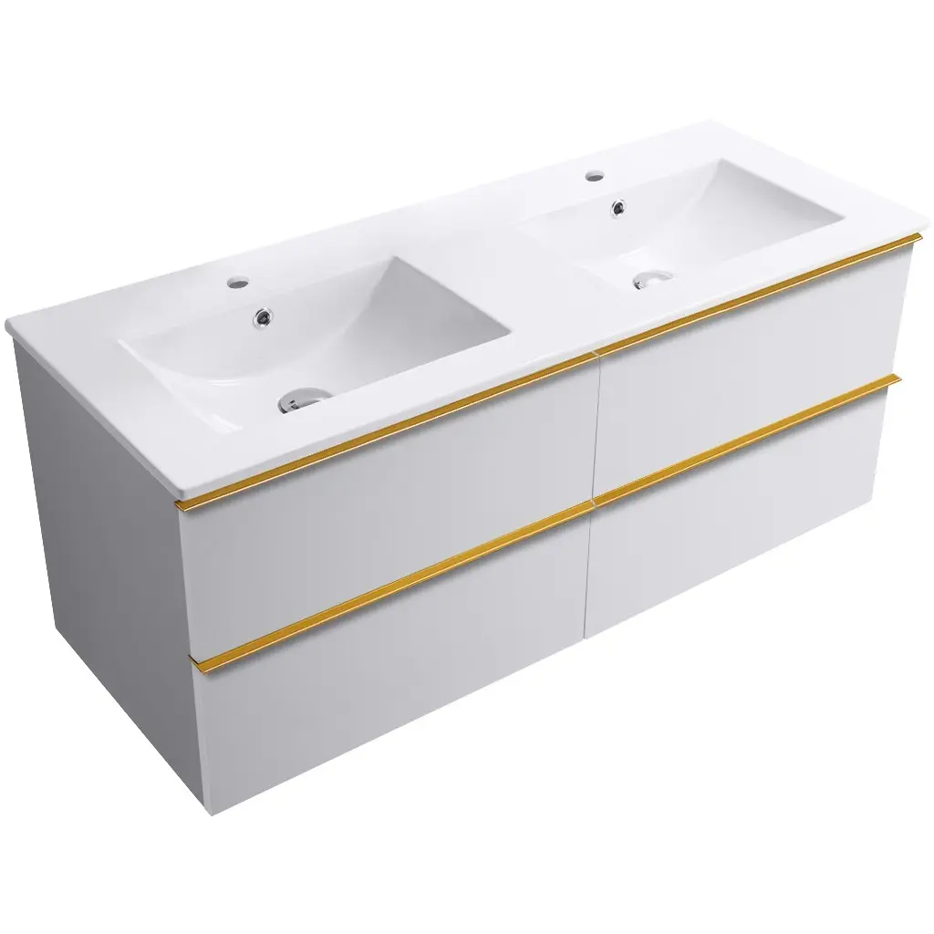 CERANO Koupelnová skříňka Velora bílá matná, úchytka zlatá + keramické umyvadlo Todo 121x55x46,5 CER-664879