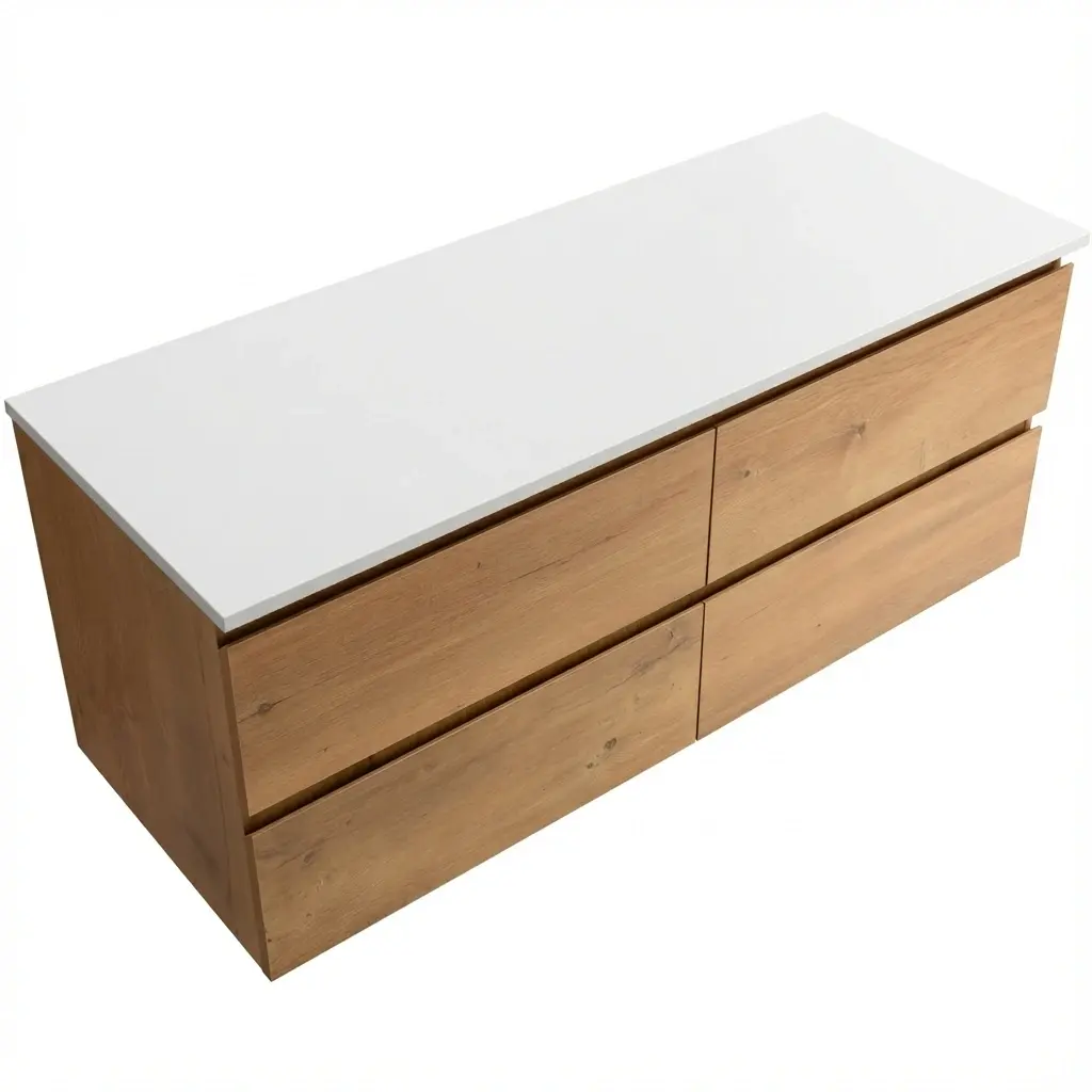 CERANO Koupelnová skříňka Carole dub medový + deska pod umyvadlo z lit. mramoru Elanys 12 mm bílá matná 140x49,2x46 CER-8050BD85520