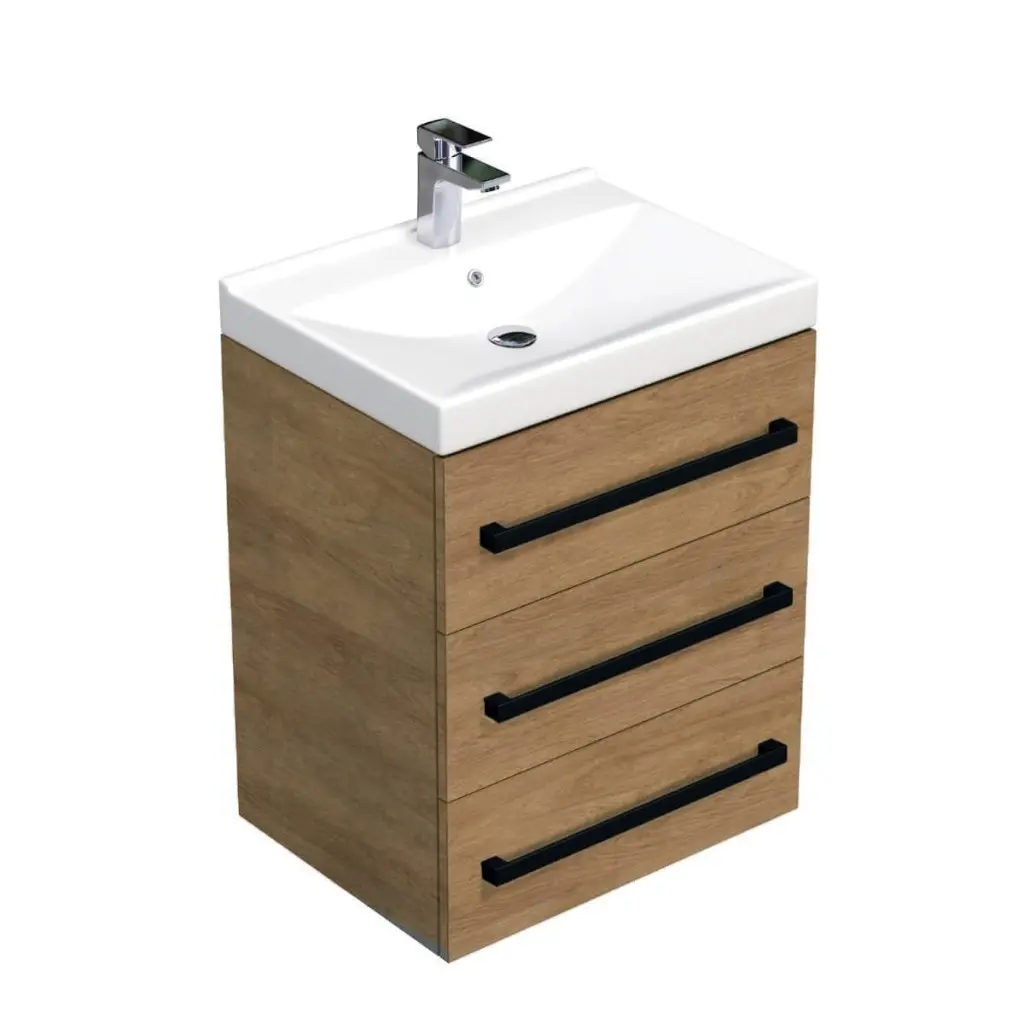Koupelnová skříňka s černou úchytkou a umyvadlem SAT Cube Way 60x76,5x46 cm dub Hickory mat CUBE46C603DHVER CUBE46C603DHVER