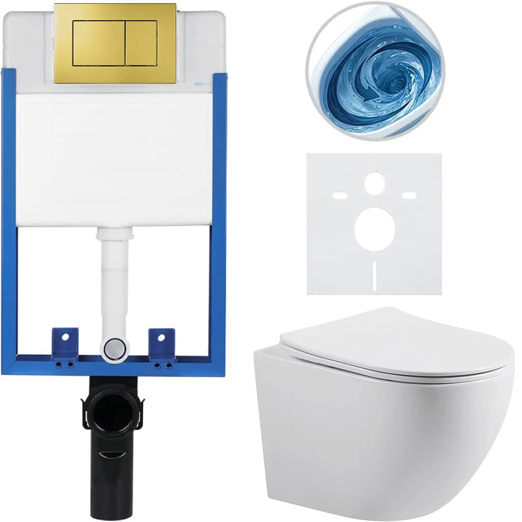Kompletní WC set Profi/Cesso - bílá lesklá - WC tlačítko Classic/Zlatá - pro zazdění - 49x36 cm - 011264