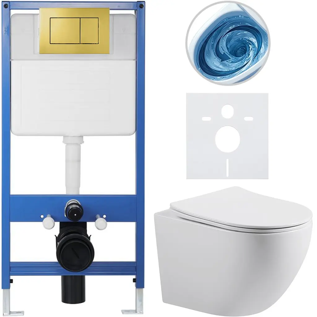 CERANO Kompletní WC set Profi/Cesso bílá lesklá WC tlačítko Classic/Zlatá předstěnová instalace 49x36  CER-061753
