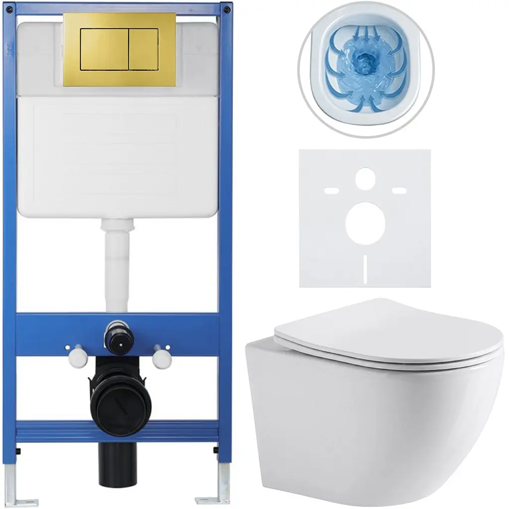CERANO Kompletní WC set Profi/Cesso bílá lesklá WC tlačítko Classic/Zlatá předstěnová instalace 49x36 CER-128482