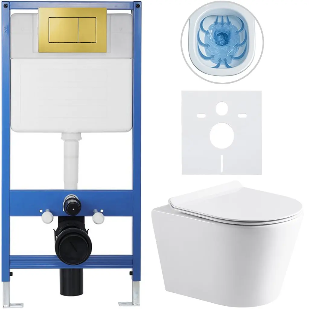 CERANO Kompletní WC set Profi/Carlito bílá lesklá WC tlačítko Classic/Zlatá předstěnová instalace 48,5x36,5  CER-251363