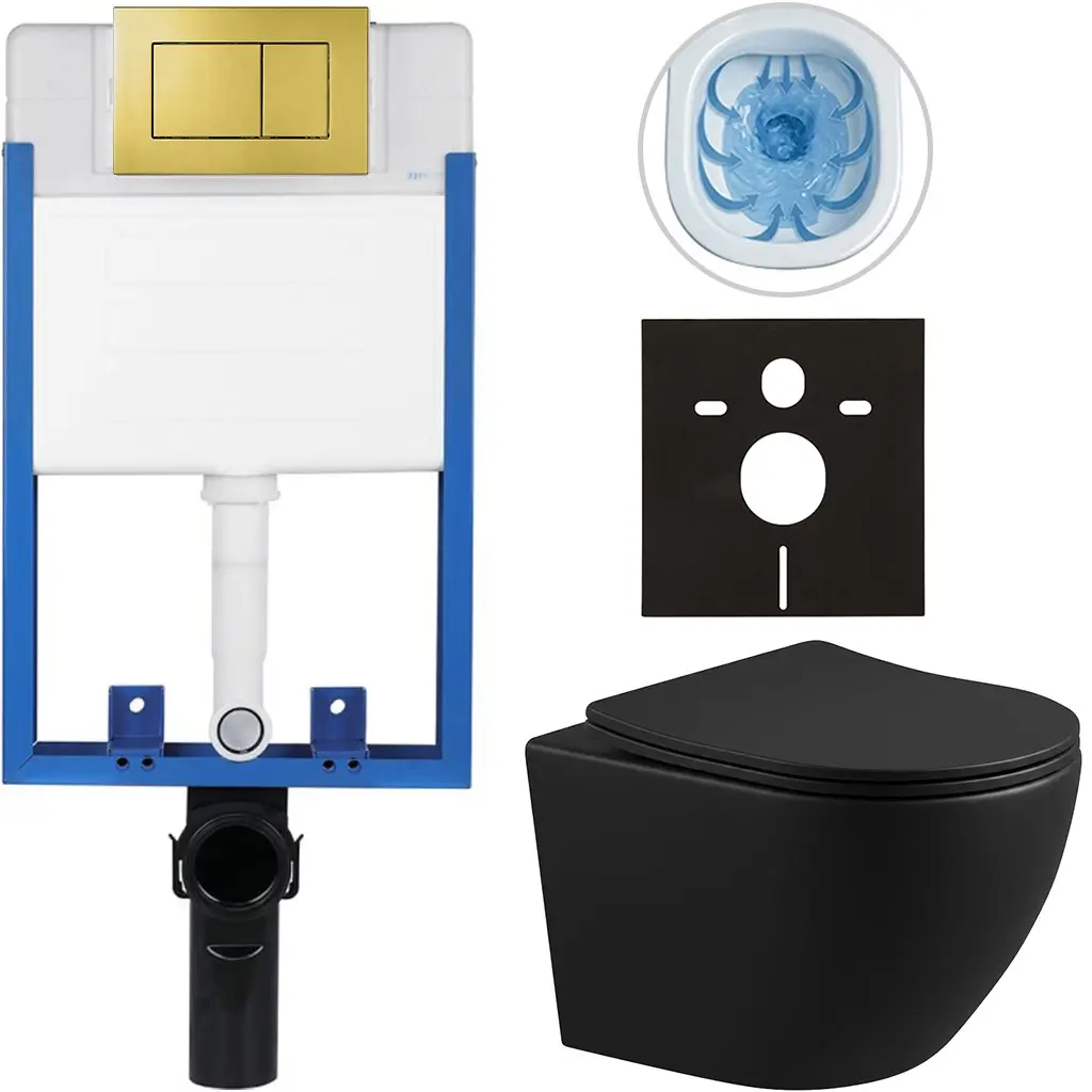 Kompletní WC set Profi/Cesso - černá matná - WC tlačítko Classic/Zlatá - pro zazdění - 49x36 cm - 296329