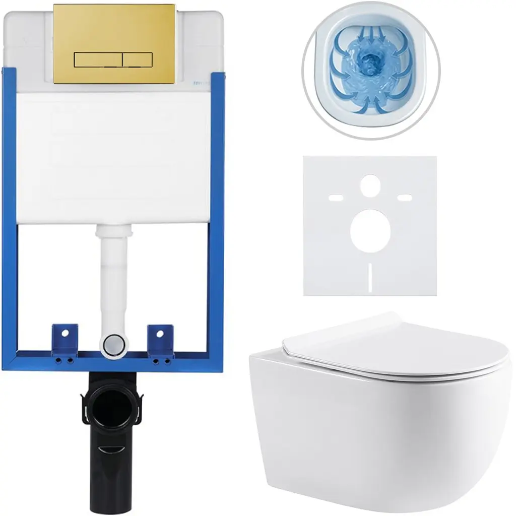 Kompletní WC set Profi/Felci - bílá lesklá - WC tlačítko Slim/Zlatá - pro zazdění - 52,5x36 cm