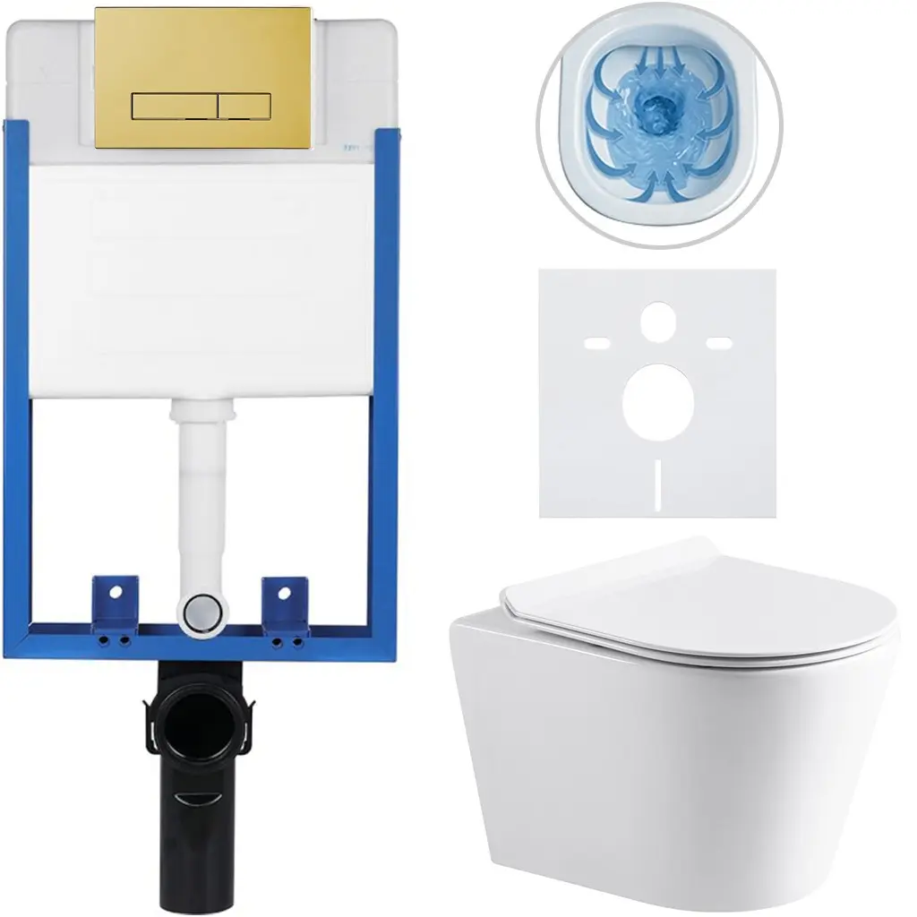 Kompletní WC set Profi/Carlito - bílá lesklá - WC tlačítko Slim/Zlatá - pro zazdění - 48,5x36,5 cm
