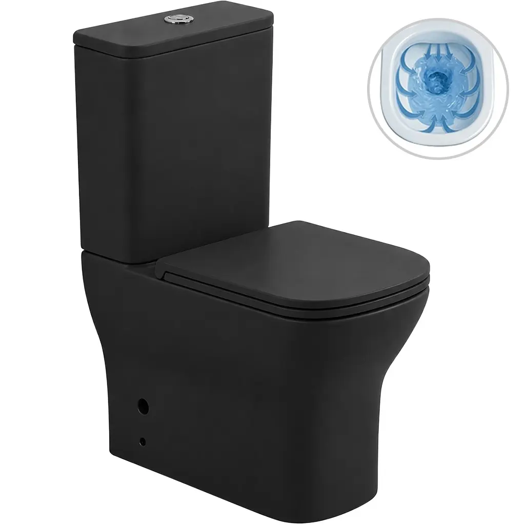 CERANO WC kombi Hugo, Rimless bezokrajové splachování + Slim/SoftClose sedátko spodní/zadní odpad černá matná 63,5x35,5 CER-538762