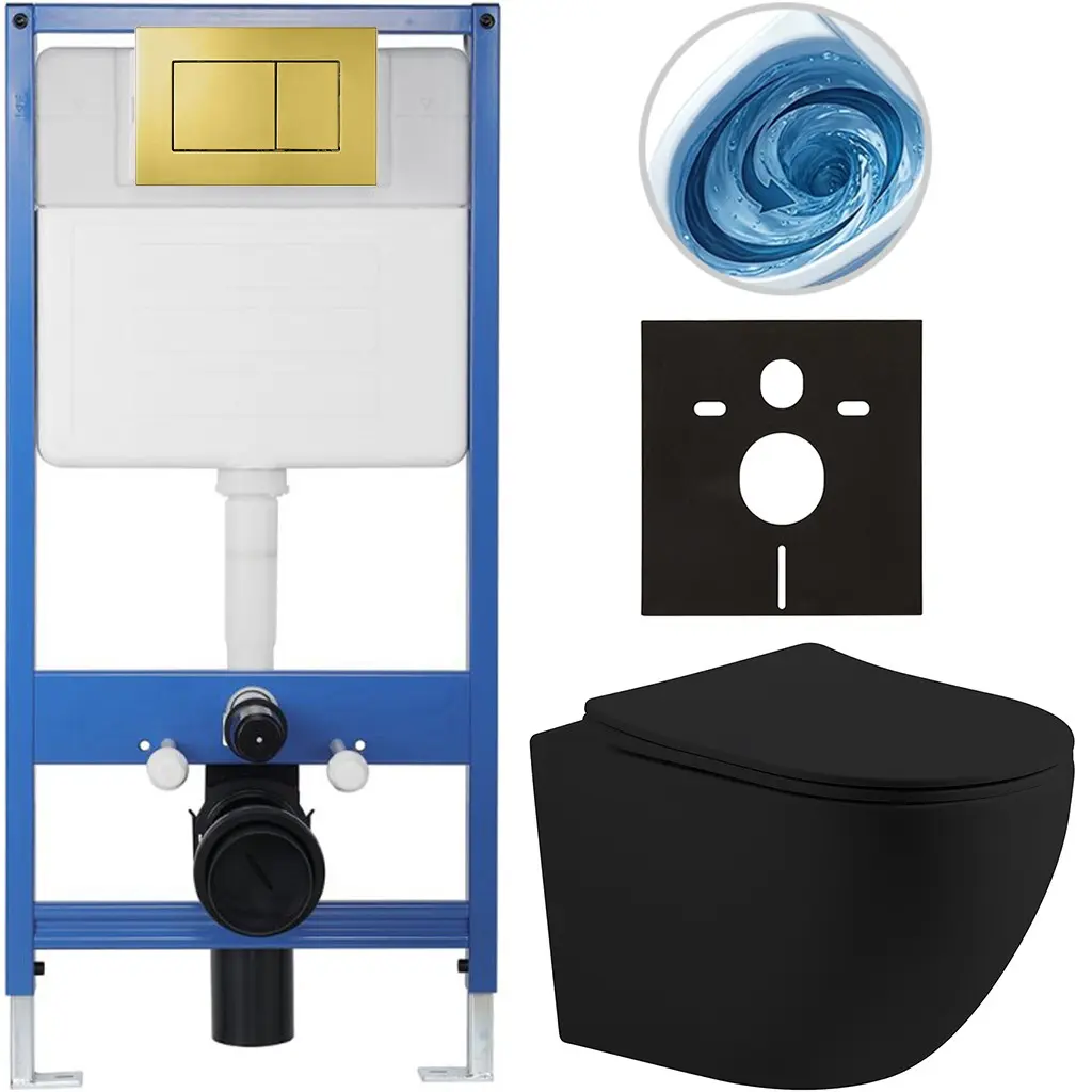 CERANO Kompletní WC set Profi/Cesso černá matná WC tlačítko Classic/Zlatá předstěnová instalace 49x36  CER-582629