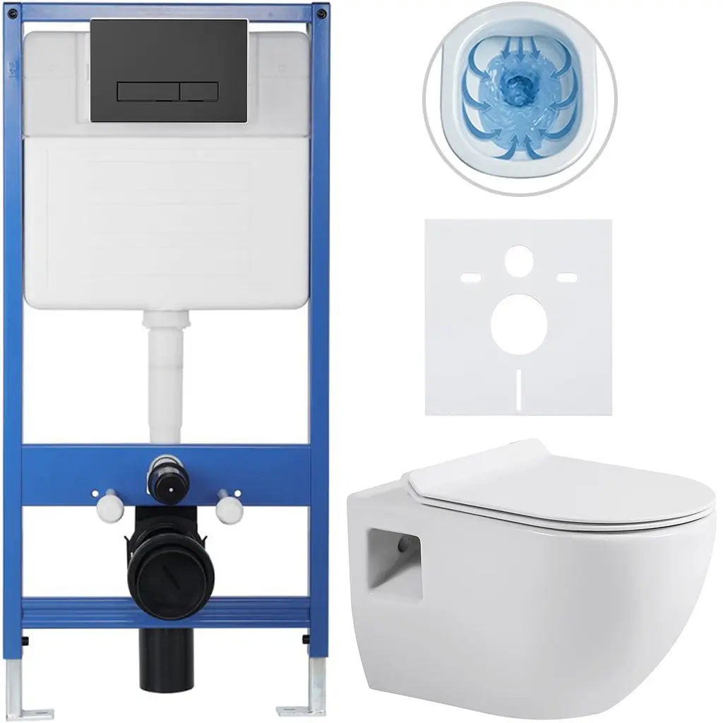 CERANO Kompletní WC set Profi/Dure bílá lesklá WC tlačítko Slim/Černá matná předstěnová instalace 51x35  CER-665884
