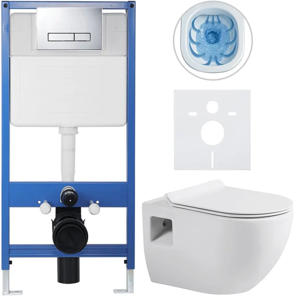 Kompletní WC set Profi/Dure - bílá lesklá - WC tlačítko Slim/Chrom - předstěnová instalace - 51x35 cm