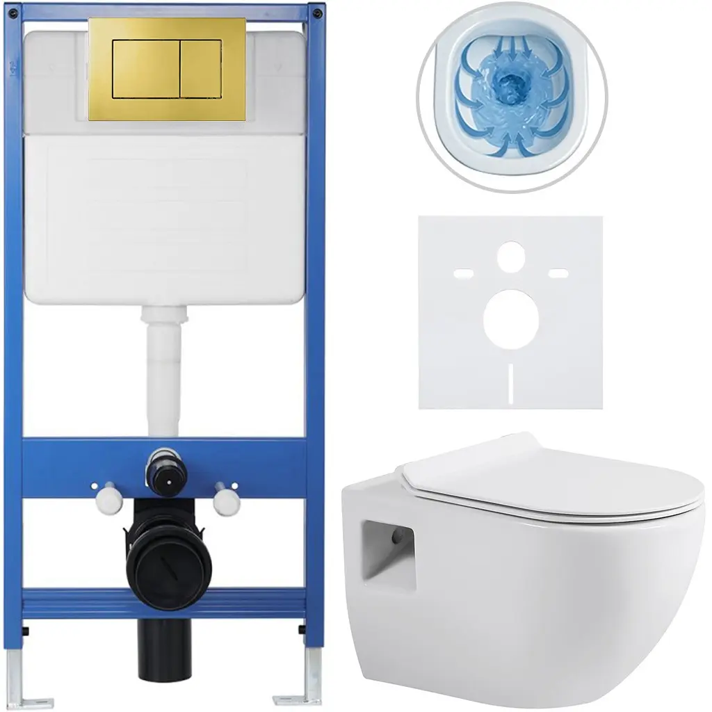 Kompletní WC set Profi/Dure - bílá lesklá - WC tlačítko Classic/Zlatá - předstěnová instalace - 51x35 cm