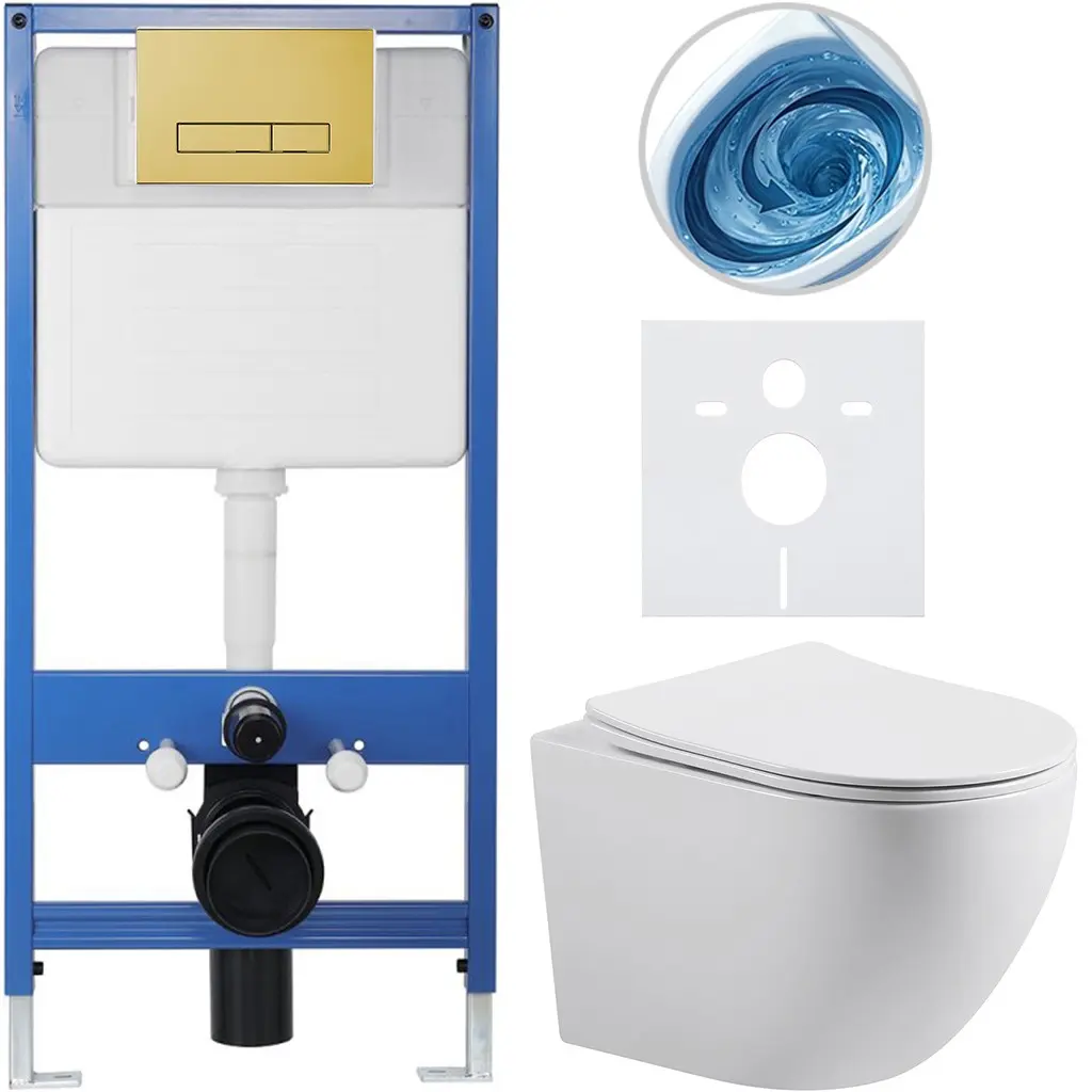 Kompletní WC set Profi/Cesso - bílá lesklá - WC tlačítko Slim/Zlatá - předstěnová instalace - 49x36 cm - 678485