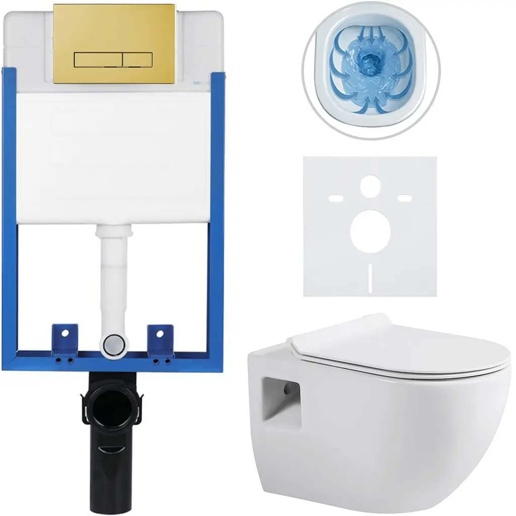 Kompletní WC set Profi/Dure - bílá lesklá - WC tlačítko Slim/Zlatá - pro zazdění - 51x35 cm