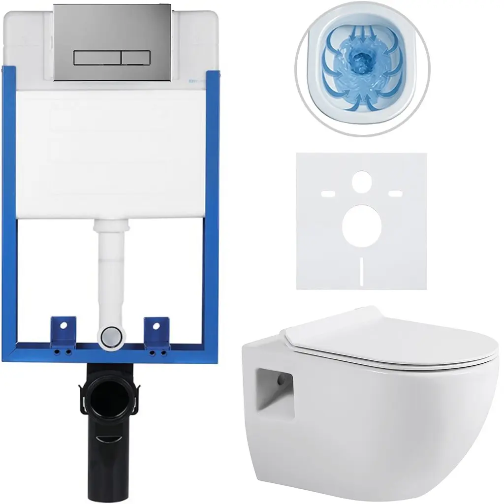 Kompletní WC set Profi/Dure - bílá lesklá - WC tlačítko Slim/Tmavě šedá - pro zazdění - 51x35 cm