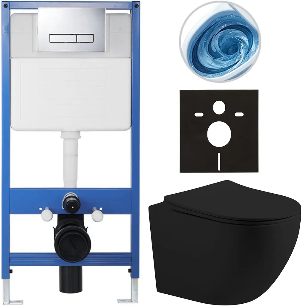 CERANO Kompletní WC set Profi/Cesso černá matná WC tlačítko Slim/Chrom předstěnová instalace 49x36  CER-8050BD113