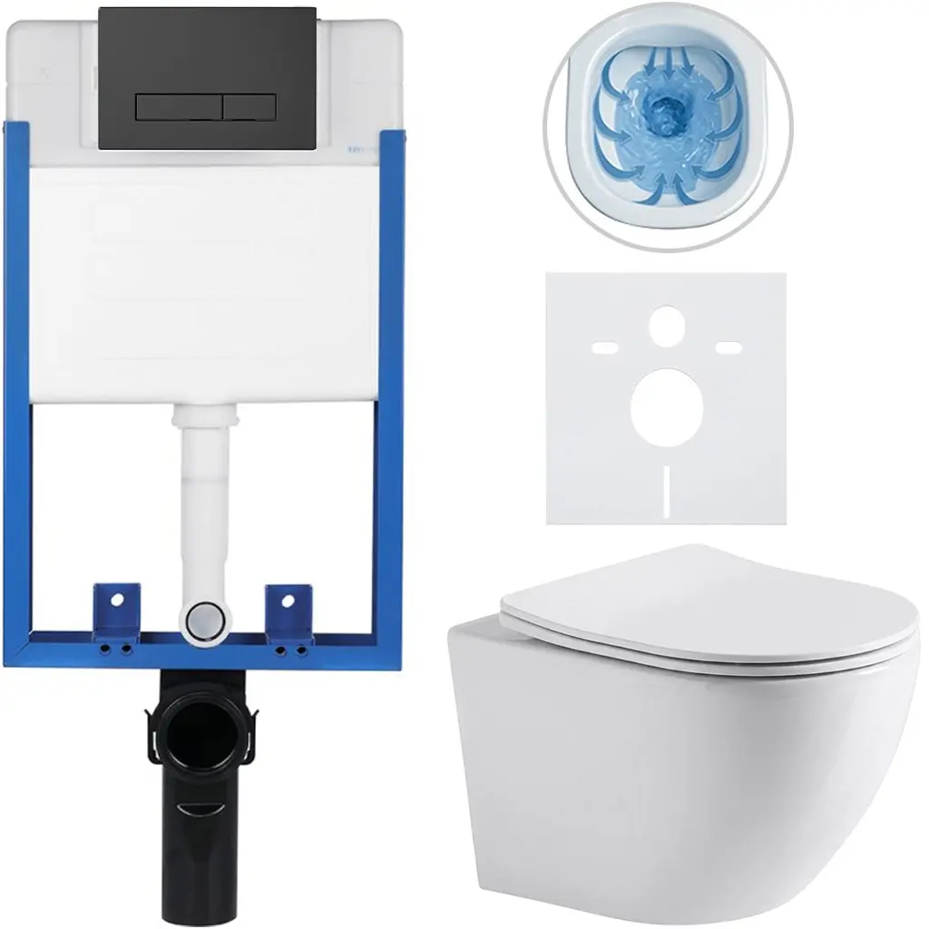 CERANO Kompletní WC set Profi/Cesso bílá lesklá WC tlačítko Slim/Černá matná pro zazdění 49x36  CER-8050BD16