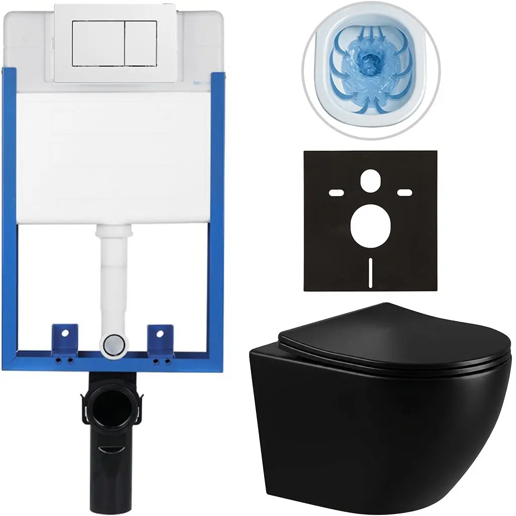 CERANO Kompletní WC set Profi/Cesso černá lesklá WC tlačítko Classic/Bílá pro zazdění 49x36  CER-8050BD30