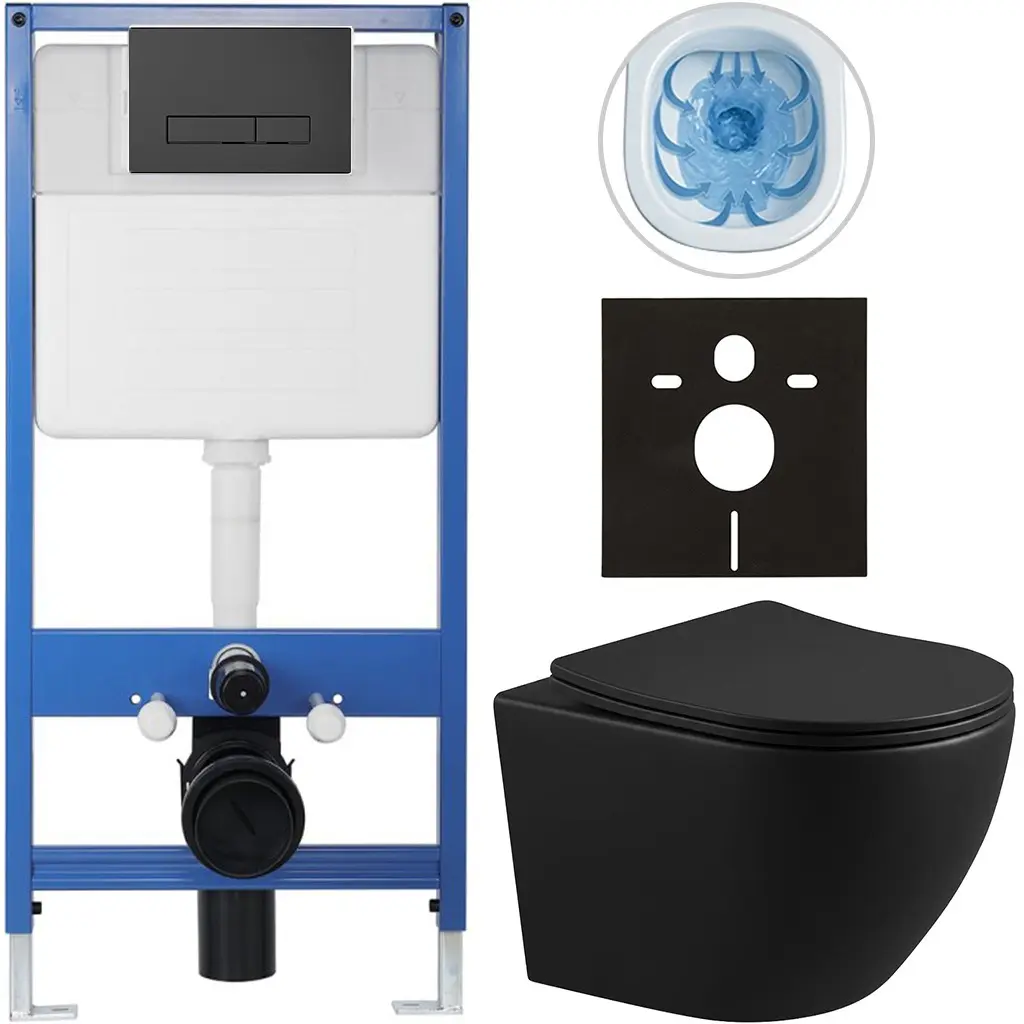 Kompletní WC set Profi/Cesso - černá matná - WC tlačítko Slim/Černá matná - předstěnová instalace - 49x36 cm - 8050BD49