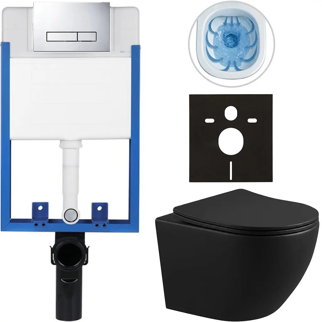 CERANO Kompletní WC set Profi/Cesso černá matná WC tlačítko Slim/Chrom pro zazdění 49x36  CER-8050BD51