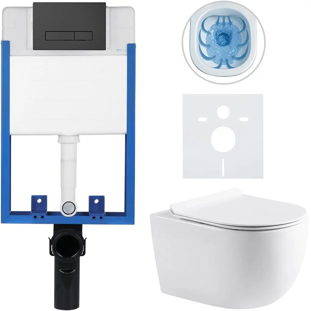 Kompletní WC set Profi/Felci - bílá lesklá - WC tlačítko Slim/Černá matná - pro zazdění - 52,5x36 cm