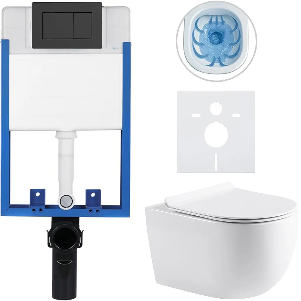CERANO Kompletní WC set Profi/Felci bílá lesklá WC tlačítko Classic/Černá matná pro zazdění 52,5x36  CER-8050BD63