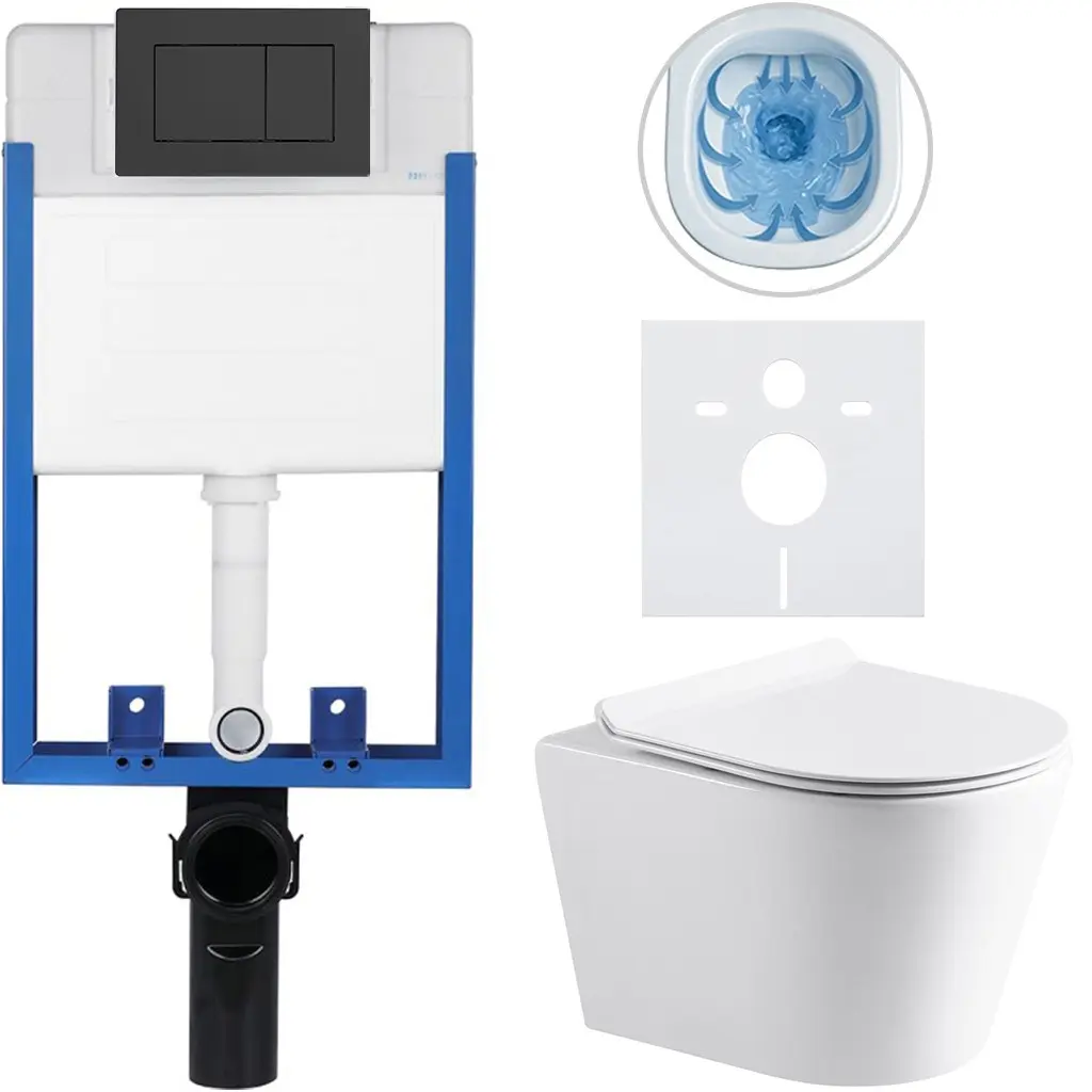 Kompletní WC set Profi/Carlito - bílá lesklá - WC tlačítko Classic/Černá matná - pro zazdění - 48,5x36,5 cm
