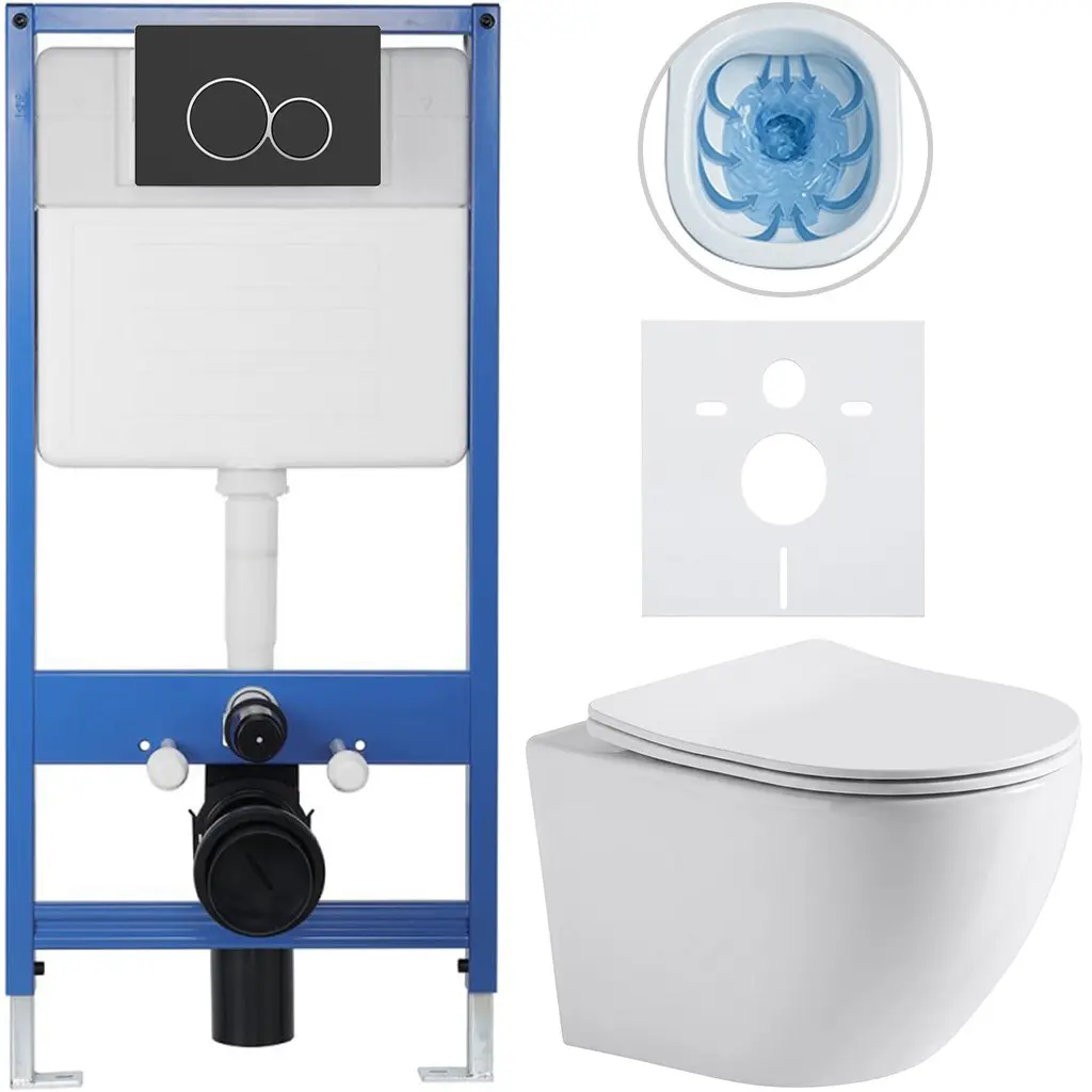 Kompletní WC set Profi/Cesso - bílá lesklá - WC tlačítko Duo/Černá matná - předstěnová instalace - 49x36 cm - 8050BD84209