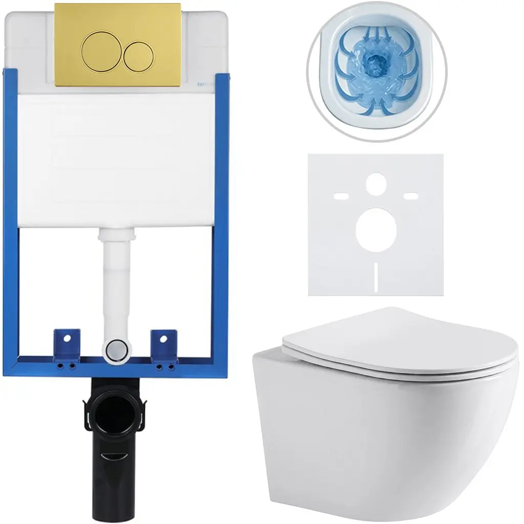 Kompletní WC set Profi/Cesso - bílá lesklá - WC tlačítko Duo/Zlatá - pro zazdění - 49x36 cm
