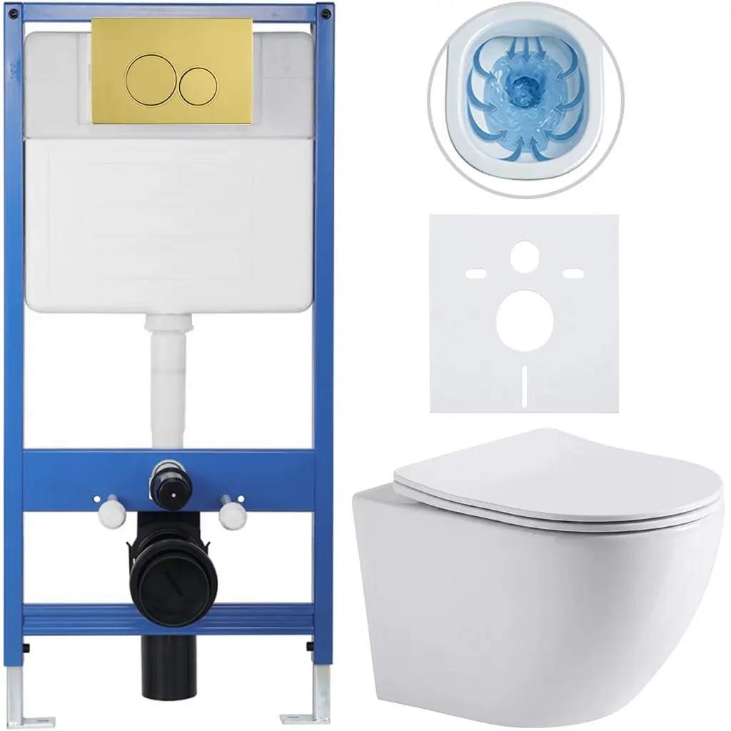 Kompletní WC set Profi/Cesso - bílá lesklá - WC tlačítko Duo. zlatá - předstěnová instalace - 49x36 cm