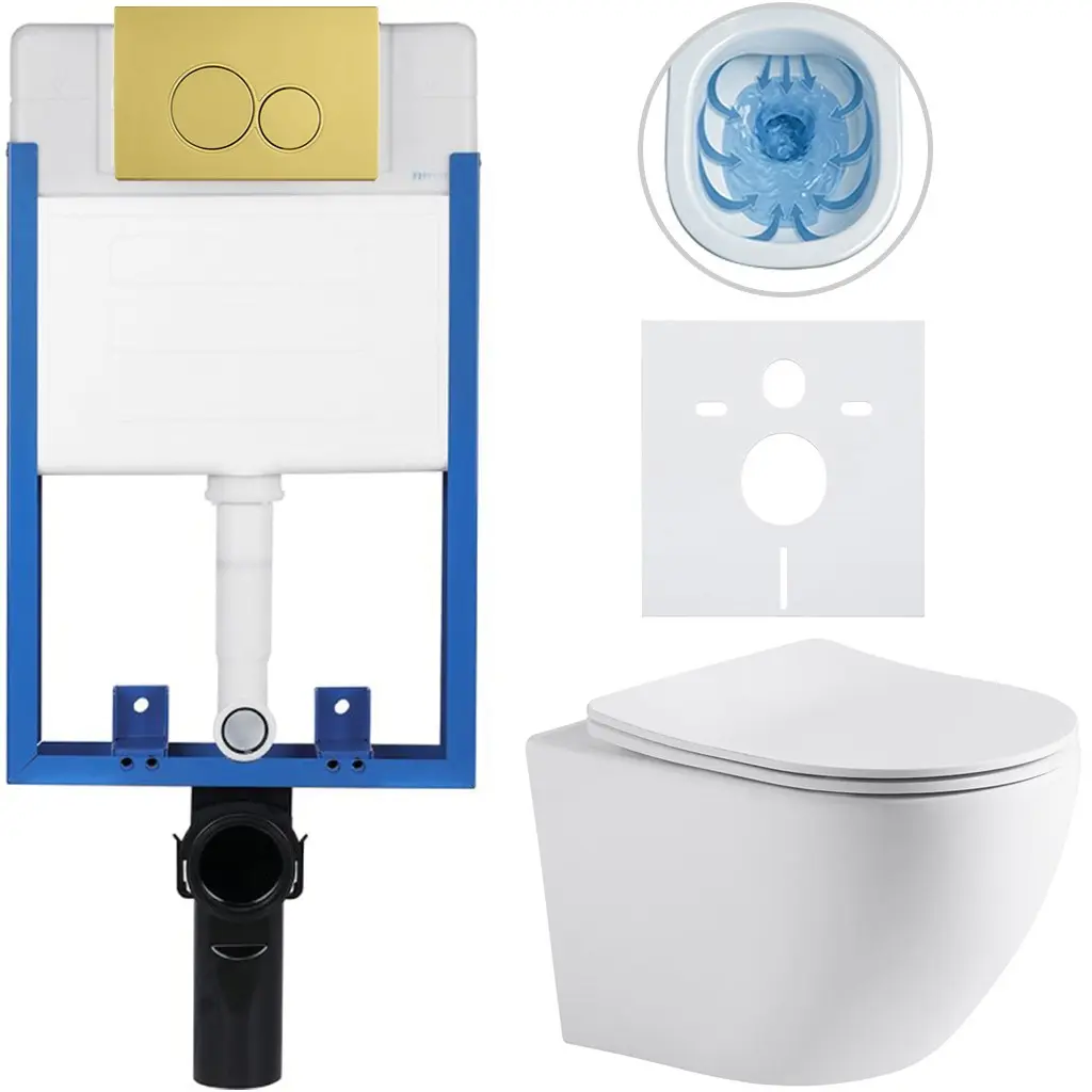 Kompletní WC set Profi/Cesso - bílá matná - WC tlačítko Duo/Zlatá - pro zazdění - 49x36 cm