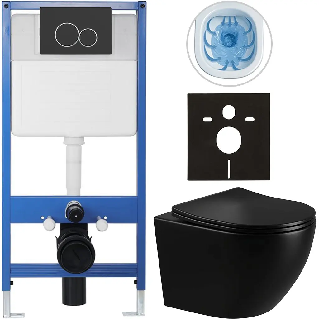 CERANO Kompletní WC set Profi/Cesso černá lesklá WC tlačítko Duo/Černá matná předstěnová instalace 49x36  CER-8050BD84225