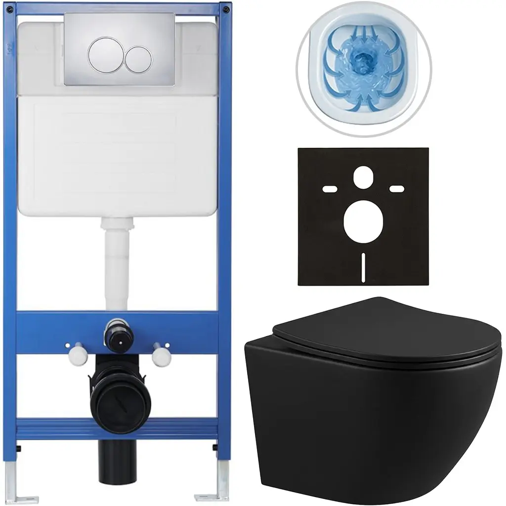 Kompletní WC set Profi/Cesso - černá matná - WC tlačítko Duo/Chrom - předstěnová instalace - 49x36 cm - 8050BD84235